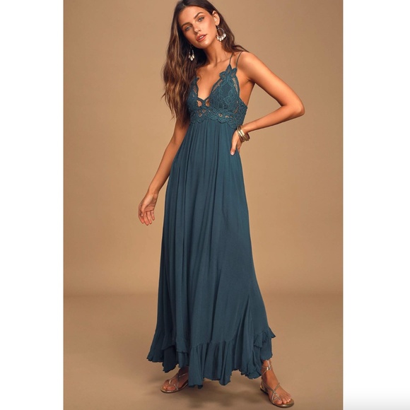 Free People Adella Lace Maxi Slip Dress Turquoise Women’s Size Small - Picture 1 of 11